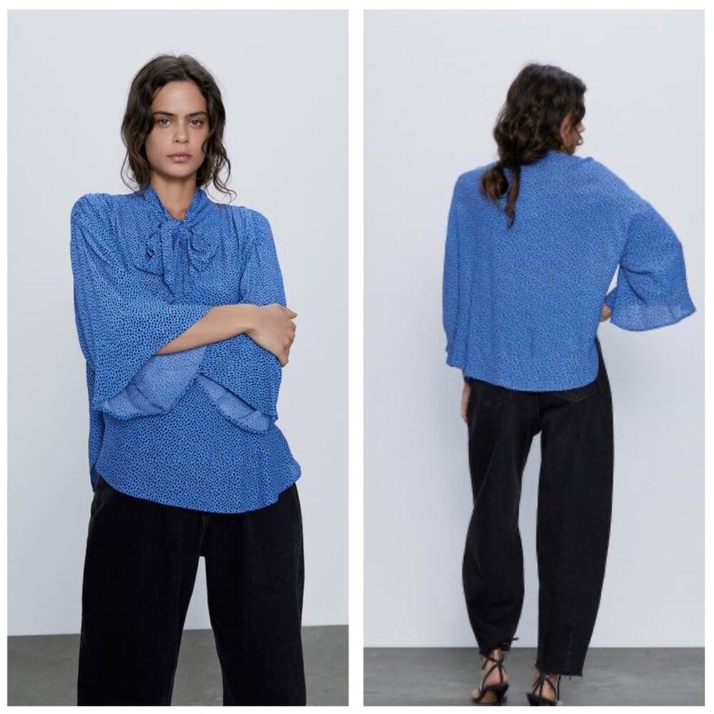Zara Blue Polka Dot Tie Neck Flowy Oversized Blouse Small Chic Fairy 90s